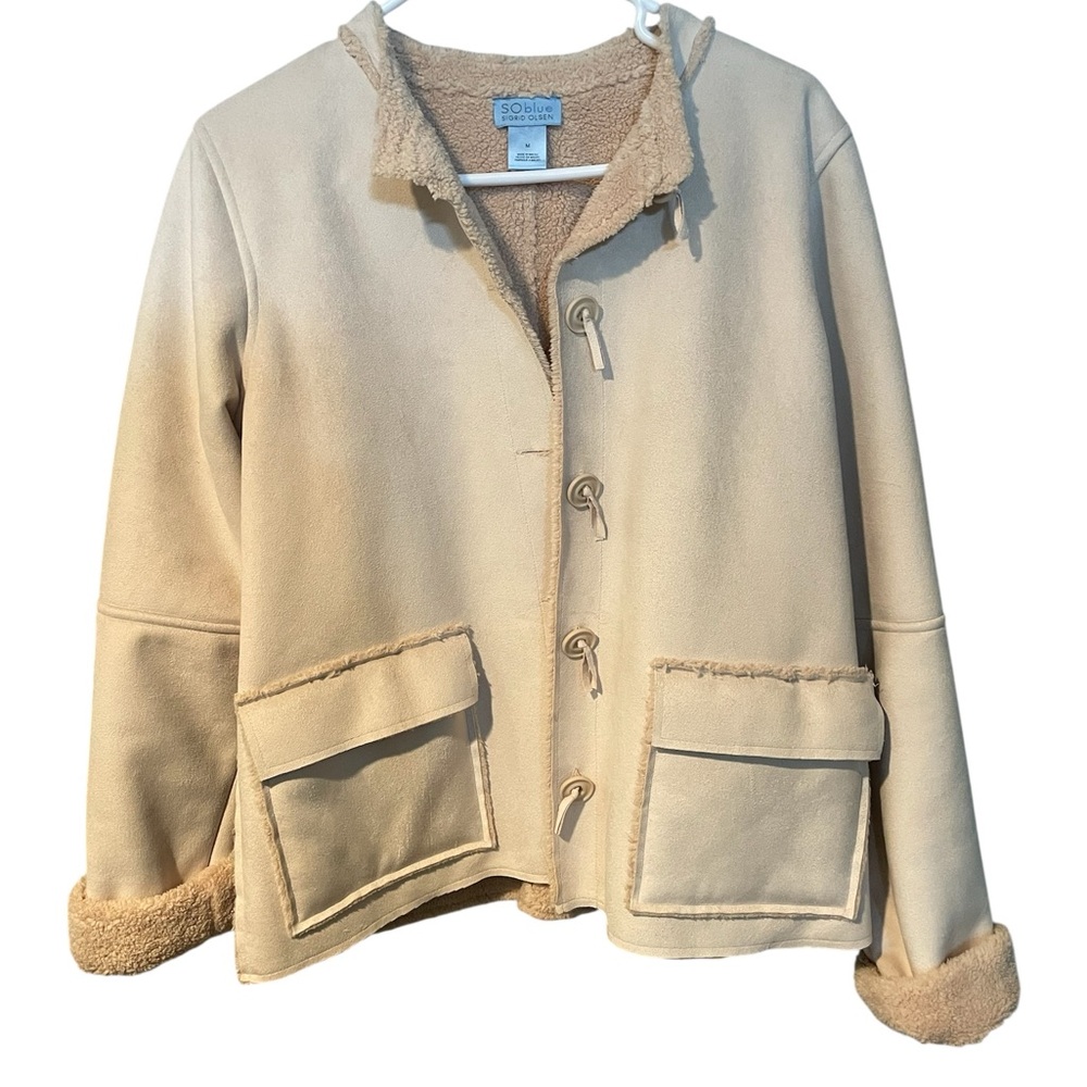 SO Women's Tan faux suede Jacket with Faux Shearling Trim